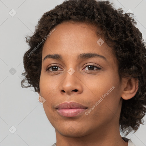 Neutral white young-adult female with short  brown hair and brown eyes