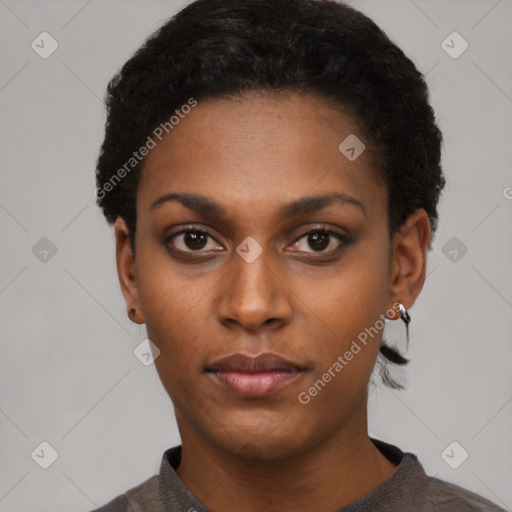 Neutral black young-adult female with short  black hair and brown eyes