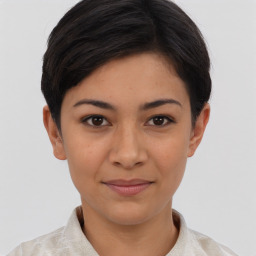 Joyful asian young-adult female with short  black hair and brown eyes