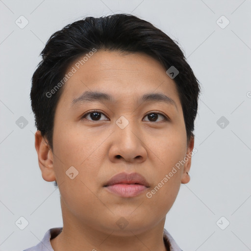 Neutral asian young-adult male with short  brown hair and brown eyes