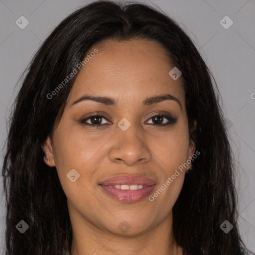 Joyful latino young-adult female with long  brown hair and brown eyes