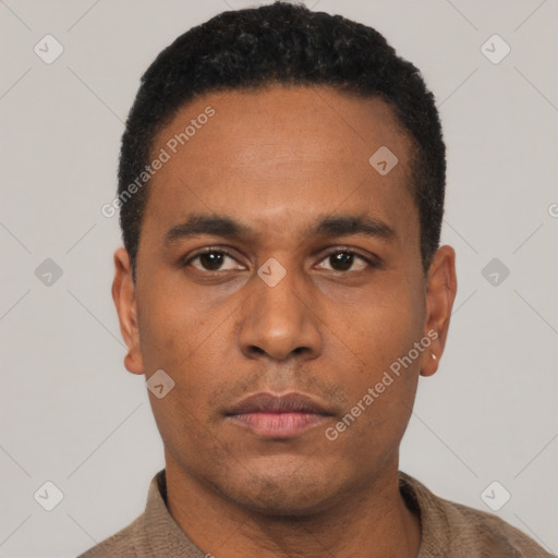 Neutral latino young-adult male with short  black hair and brown eyes