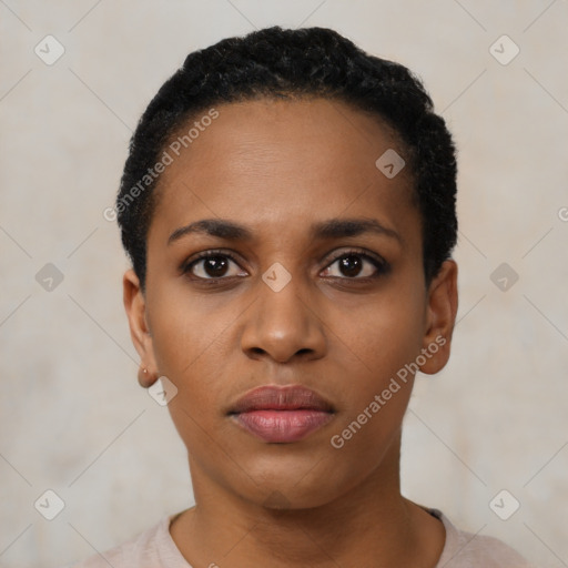 Neutral black young-adult female with short  black hair and brown eyes