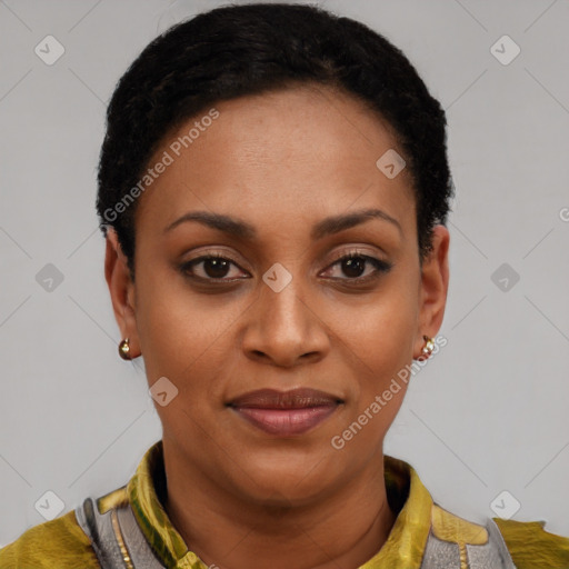 Joyful latino young-adult female with short  black hair and brown eyes