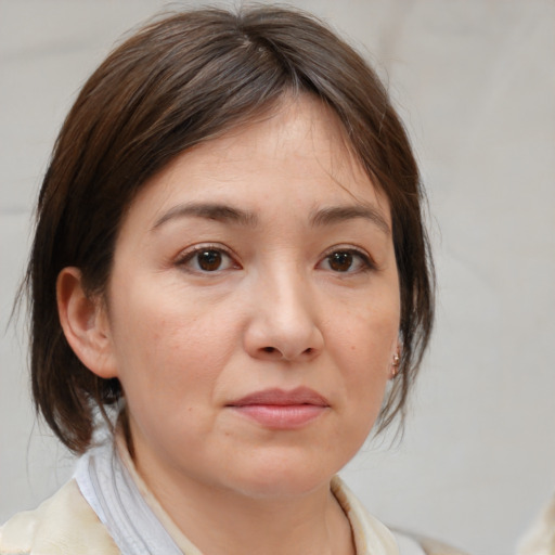 Neutral white young-adult female with medium  brown hair and brown eyes