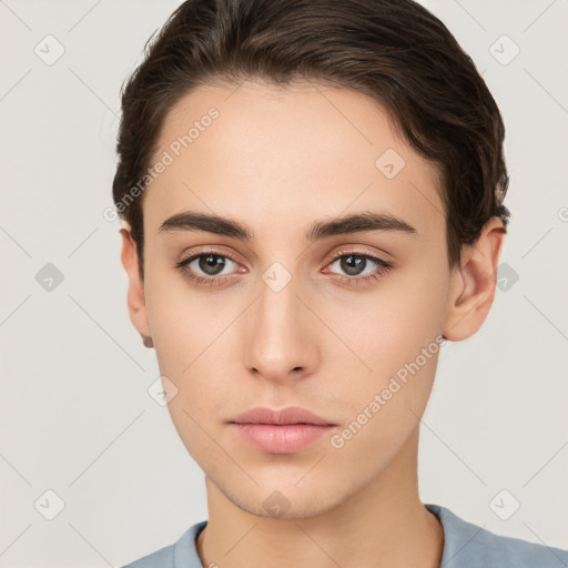 Neutral white young-adult female with short  brown hair and brown eyes