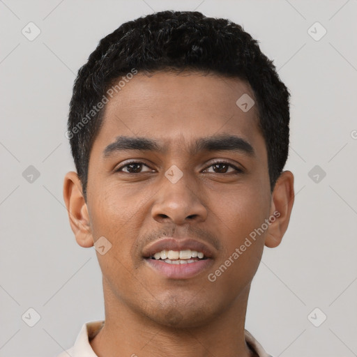 Neutral latino young-adult male with short  brown hair and brown eyes