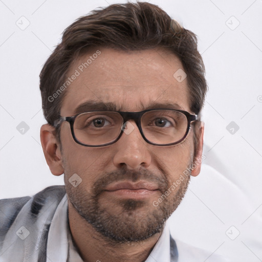 Neutral white adult male with short  brown hair and brown eyes