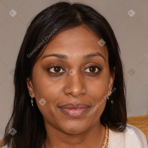 Joyful latino young-adult female with medium  brown hair and brown eyes