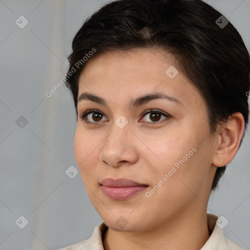 Joyful white young-adult female with short  brown hair and brown eyes