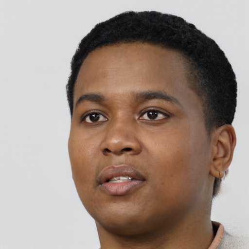 Neutral black young-adult male with short  black hair and brown eyes