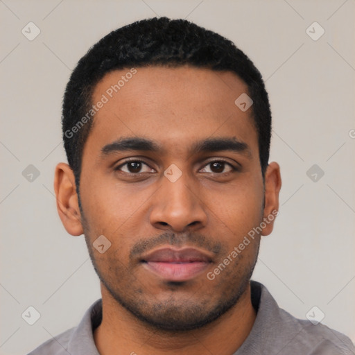 Neutral latino young-adult male with short  black hair and brown eyes