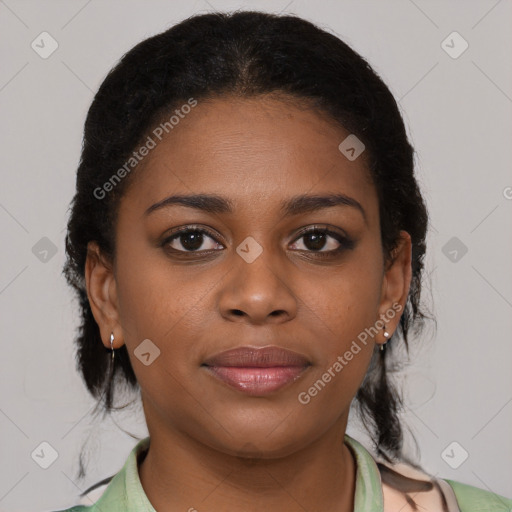 Joyful black young-adult female with medium  brown hair and brown eyes