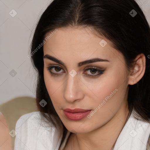 Neutral white young-adult female with medium  brown hair and brown eyes