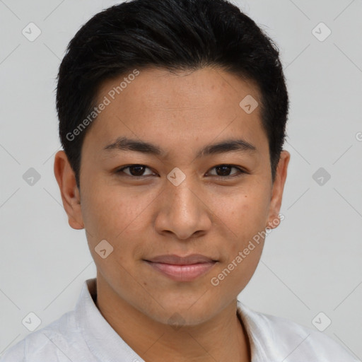 Joyful asian young-adult male with short  brown hair and brown eyes