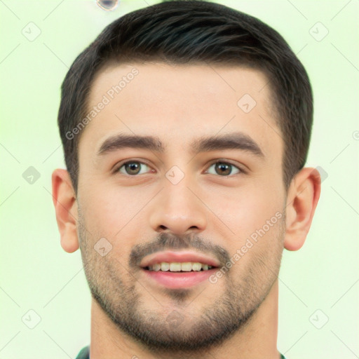 Joyful white young-adult male with short  brown hair and brown eyes