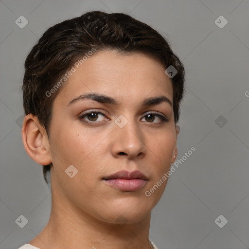 Neutral white young-adult female with short  brown hair and brown eyes