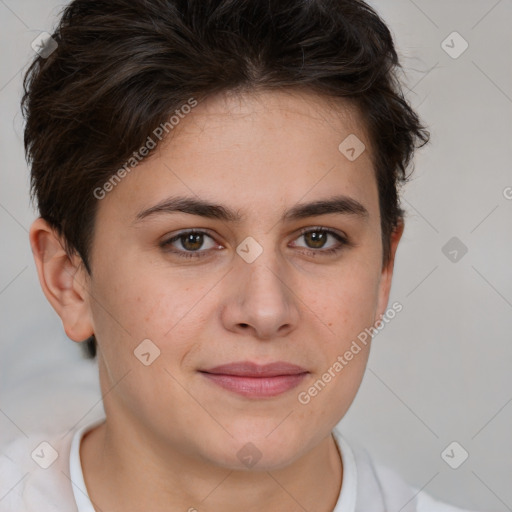 Joyful white young-adult female with short  brown hair and brown eyes