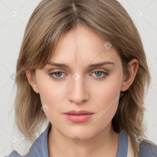 Neutral white young-adult female with medium  brown hair and grey eyes