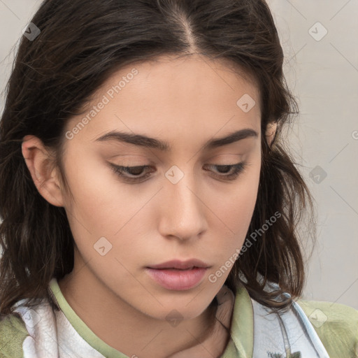 Neutral white young-adult female with long  brown hair and brown eyes