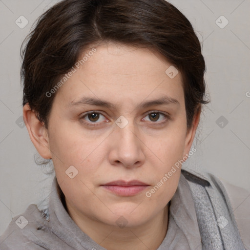 Neutral white young-adult female with short  brown hair and brown eyes