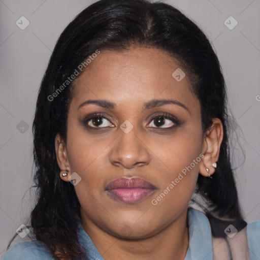 Joyful latino young-adult female with medium  black hair and brown eyes