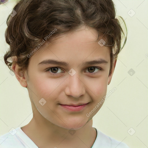 Joyful white child female with short  brown hair and brown eyes