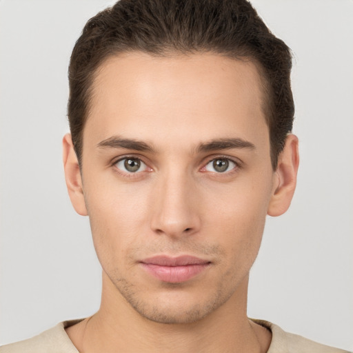 Neutral white young-adult male with short  brown hair and brown eyes