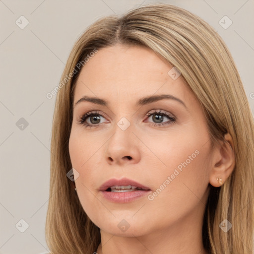 Neutral white young-adult female with long  brown hair and brown eyes