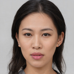 Neutral asian young-adult female with medium  brown hair and brown eyes