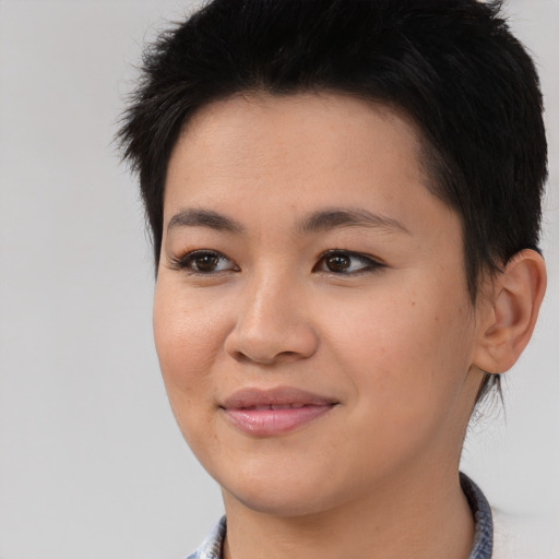 Joyful asian young-adult female with short  brown hair and brown eyes
