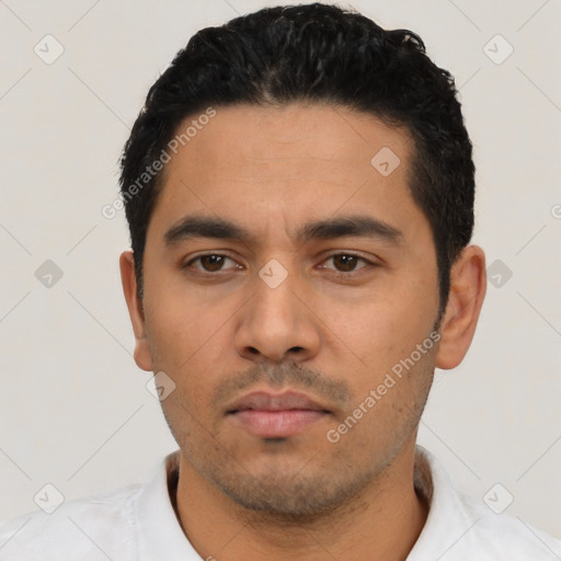 Neutral latino young-adult male with short  black hair and brown eyes