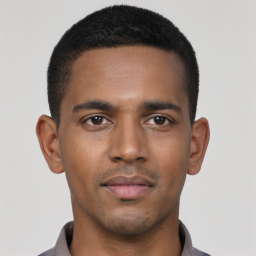 Neutral black young-adult male with short  brown hair and brown eyes
