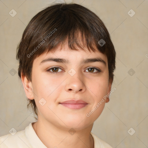 Neutral white young-adult female with short  brown hair and brown eyes