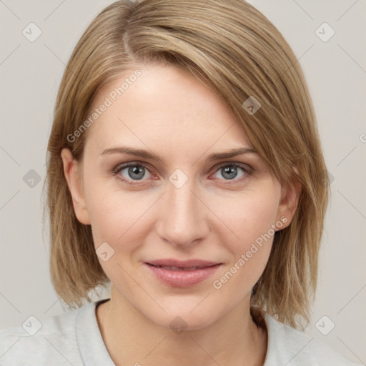 Joyful white young-adult female with medium  brown hair and blue eyes