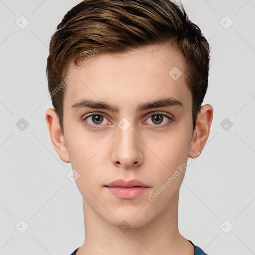 Neutral white young-adult male with short  brown hair and brown eyes