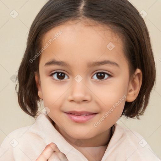 Joyful white child female with medium  brown hair and brown eyes