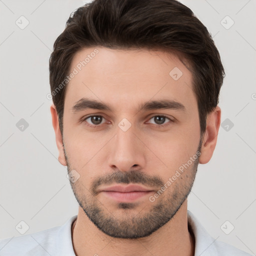 Neutral white young-adult male with short  brown hair and brown eyes