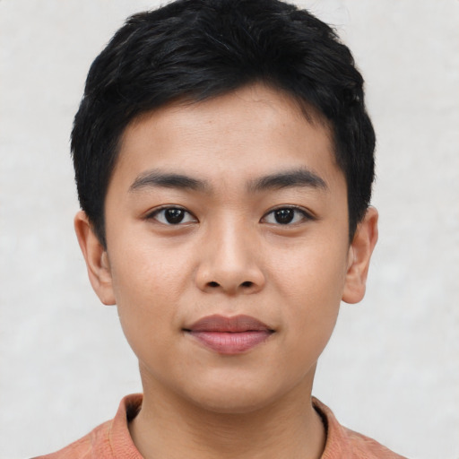 Neutral asian young-adult male with short  black hair and brown eyes