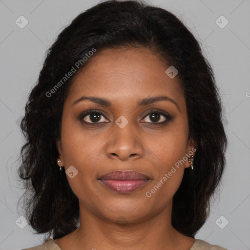 Joyful black young-adult female with medium  brown hair and brown eyes