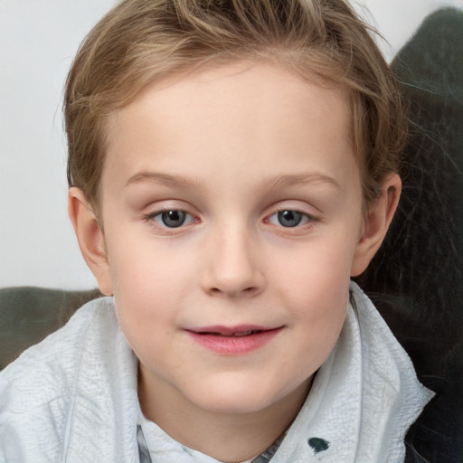 Joyful white child female with medium  brown hair and grey eyes