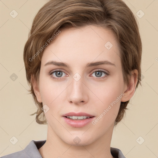 Neutral white young-adult female with medium  brown hair and grey eyes