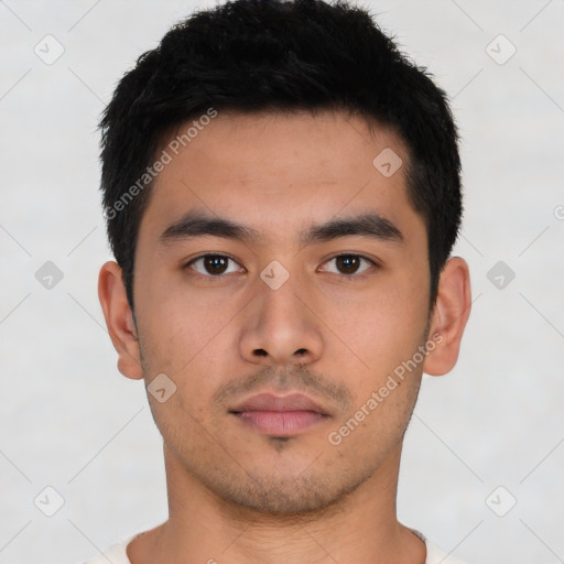 Neutral asian young-adult male with short  black hair and brown eyes