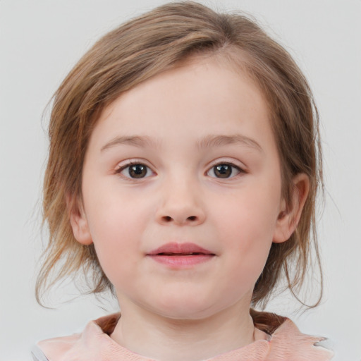 Neutral white child female with medium  brown hair and blue eyes