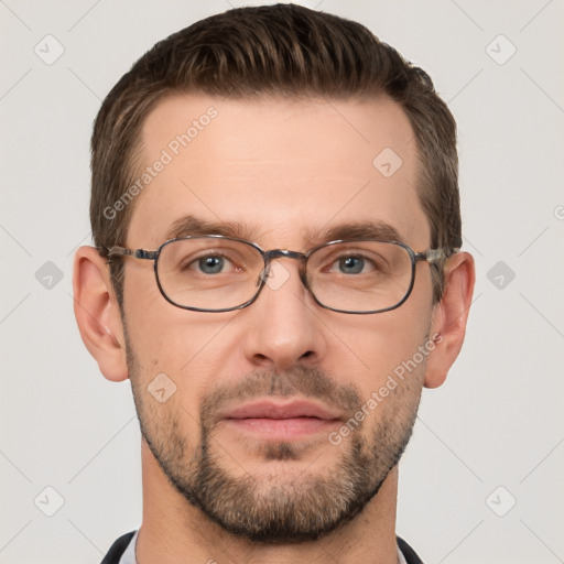 Joyful white adult male with short  brown hair and grey eyes