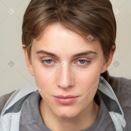 Neutral white young-adult female with medium  brown hair and grey eyes