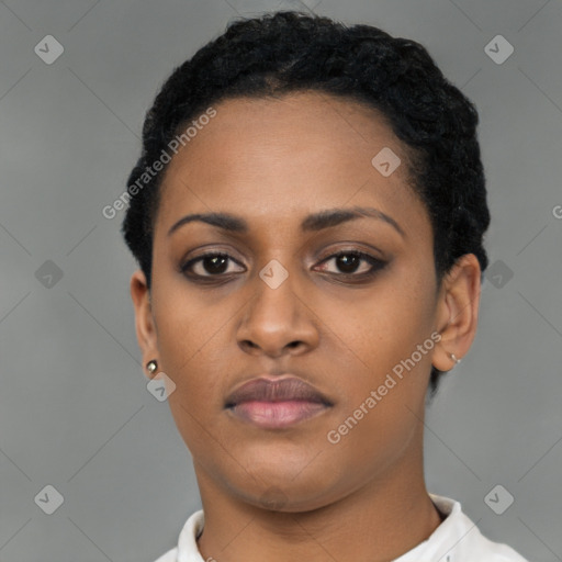 Neutral latino young-adult female with short  black hair and brown eyes