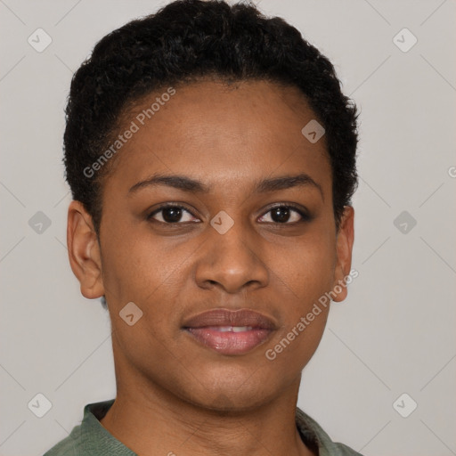 Joyful black young-adult female with short  brown hair and brown eyes