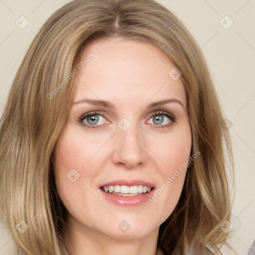 Joyful white young-adult female with long  brown hair and green eyes