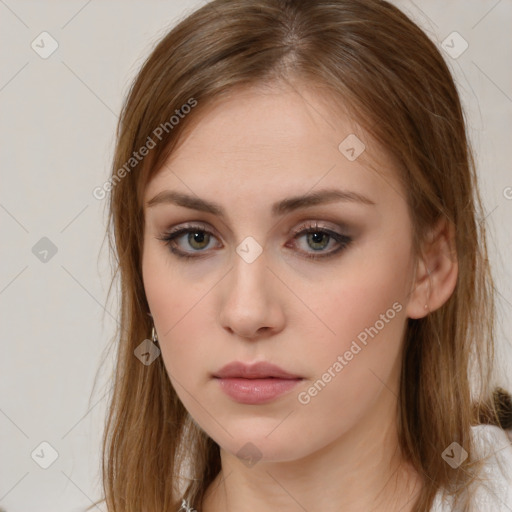 Neutral white young-adult female with medium  brown hair and brown eyes